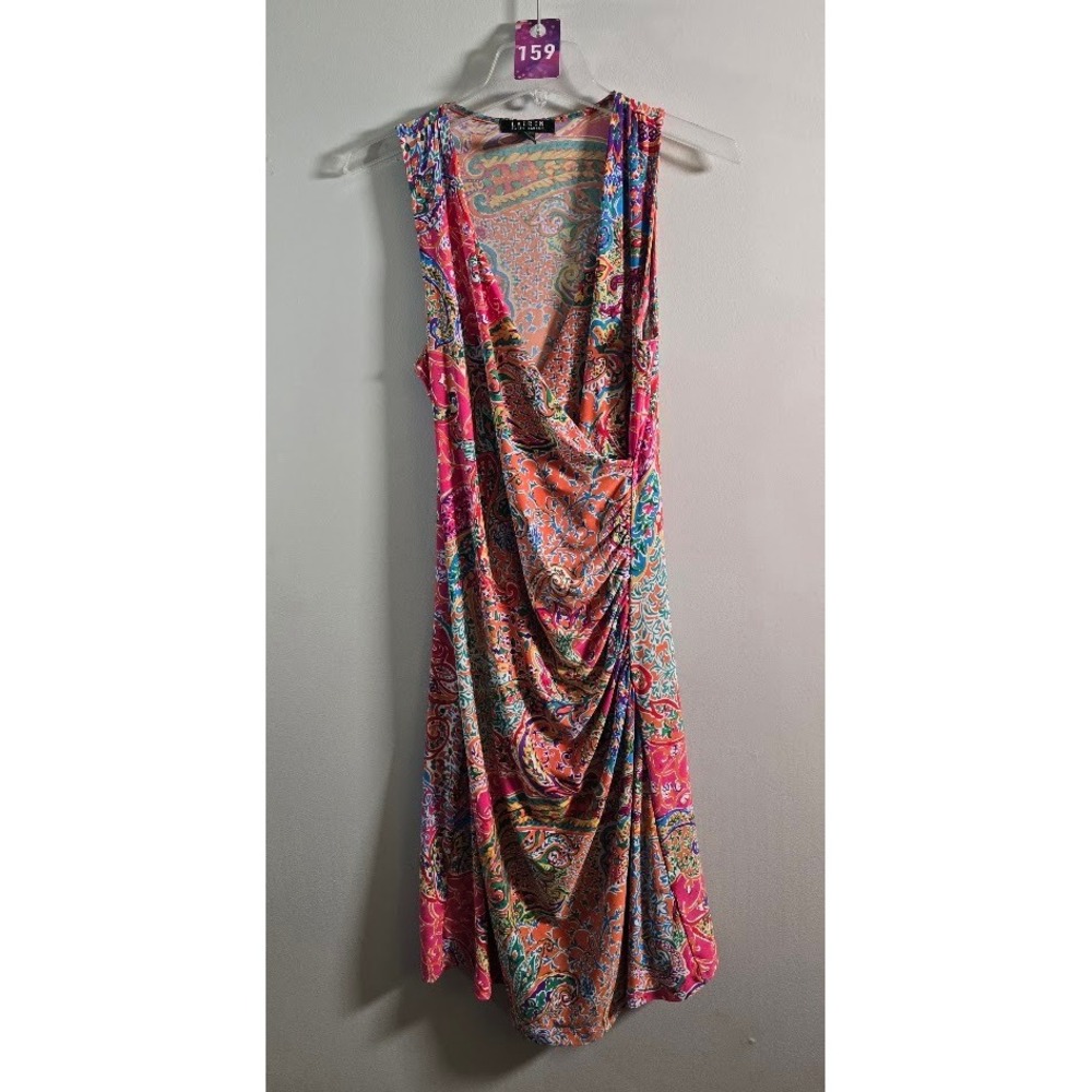 Lauren Ralph Lauren Womens Dress Paisley Pink Orange Faux Wrap Ruched Size M
